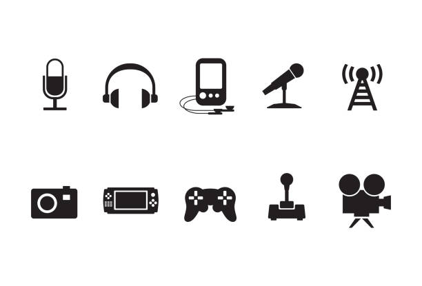 Vector electronic media icon set, black icons over white background Vector electronic media icon set, black icons over white background, assorted vector icons depicting microphone, headphones, antenna, cell tower, camera, controller, PS controller, joystick, movie camera, handheld video game stock illustrations