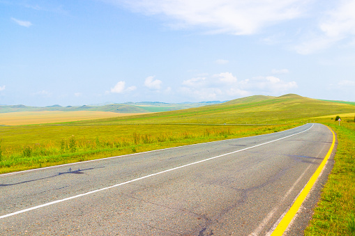 Empty asphalt road among green steppe of Khakassia leading to the hills on the horizon. Summer landscape with blue cloudy sky and green grass on fields. Road ahead disappears around the bend