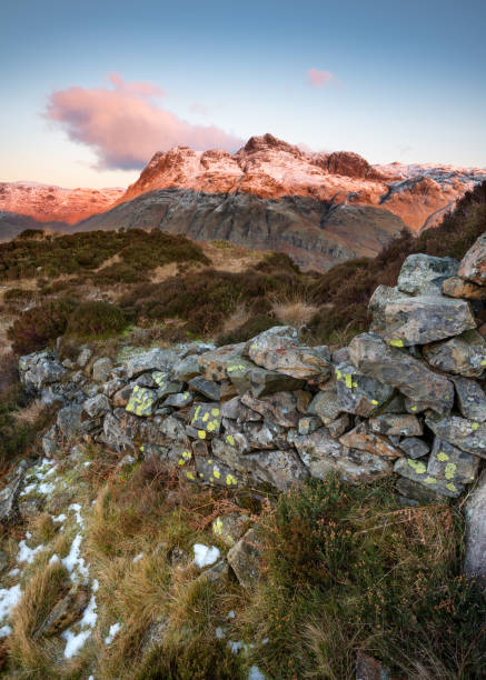 Snowcapped Langdale Pikes At Sunrise. Lake District, UK. Old rural stone wall leading to view of snowcapped Cumbrian mountains; The Langdale Pikes as morning sunlight casts a pink glow. Lake District, UK. langdale pikes stock pictures, royalty-free photos & images