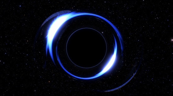 Black hole in space, absorption of matter. Event horizon, strong gravitational pull. Supermassive black hole absorbing stars and galaxies. 3d render