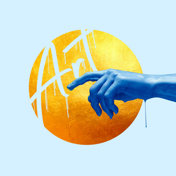 Female hand painted in blue color pointed isolated on light background. Modern design, contemporary art collage.