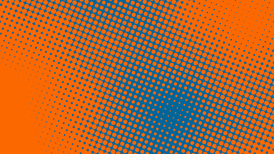 Bright orange and blue pop art background in retro comics book style. Cartoon superhero background with halftone dots gradient, vector illustration eps10