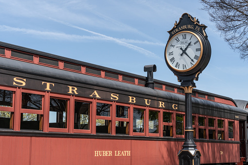 Strasburg, PA, USA - April 20,2022:  Train  pulls into the Strasburg Rail Road train station in Lancaster County, Pennsylvania.