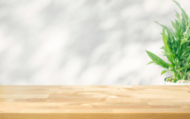 istock Selective focus.wood table top and plant pot and white background. 1393846647