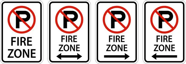 Vector illustration of No Parking Fire Zone,Double Arrow,Right Arrow,Left Arrow Sign On White Background