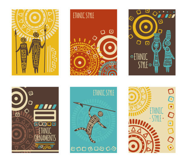 Set of ethnic banner, background, flyer, placard with tribal ornaments Set of ethnic banner, background, flyer, placard with tribal ornaments. Vertical poster, template card, sticker with geometric patterns and silhouettes of hunter, womans with jug. Vector illustration african warriors stock illustrations