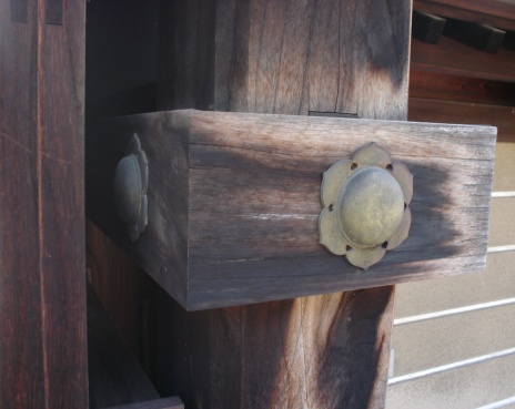 Old wooden joint at a shinto temple near Osaka , Japan.