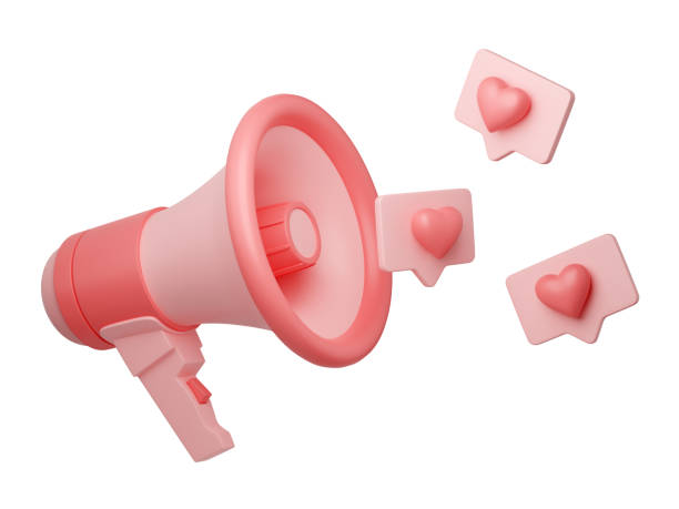 istock Loudspeaker with hearts on speech bubbles 3d render - pink megaphone banner with love and high review symbols 1393851293