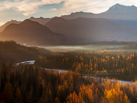 road trip views of dramatic landscape of golden yellow autumn foliage of aspen and birch trees and snowcapped mountains of the Chugach mountain range in Alaska.