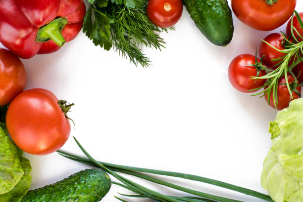 istock Various vegetables isolated on white background, top view. Healthy eating concept. Frame of vegetables with space for text. 1393855362
