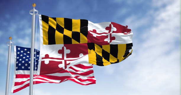 die flagge des bundesstaates maryland weht zusammen mit der nationalflagge der vereinigten staaten von amerika - maryland flag banner us state flag stock-fotos und bilder