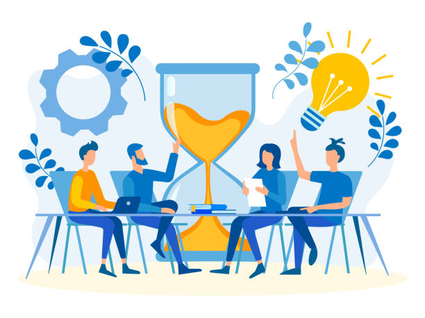 Discussion, business meeting concept, startup idea, round table meeting by a working team. Discussion, business meeting concept, startup idea, round table meeting by a working team. Vector illustration office buddies stock illustrations