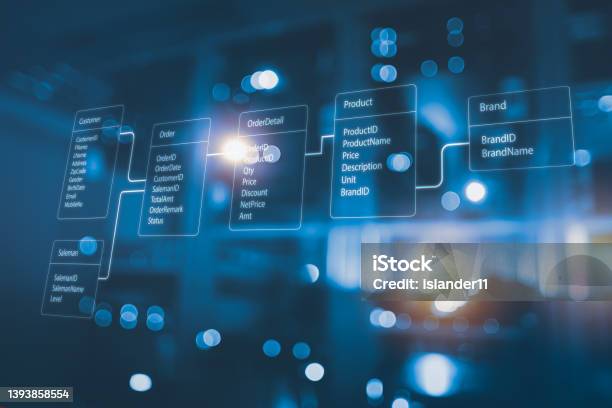 Relational Database Tables With Server Room And Datacenter Background Concept Of Database Diagram Design Stock Photo - Download Image Now