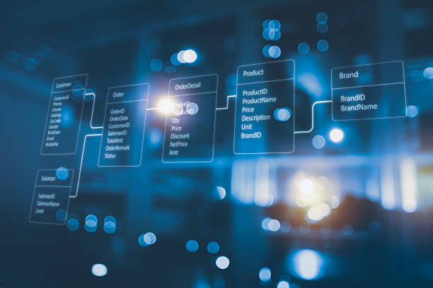 relational database tables with server room and datacenter background. concept of database diagram design. - flow chart fotos imagens e fotografias de stock