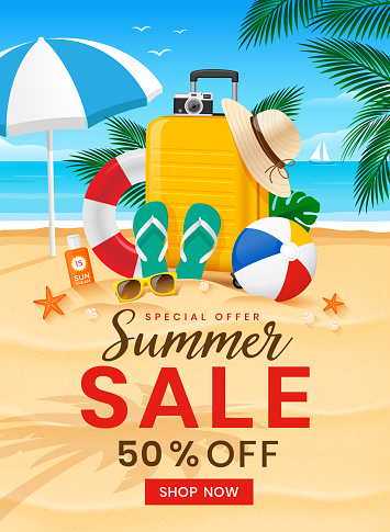 Summer Sale vector illustration with 50% off discount text. Summer beach elements with travel suitcase on the background of the beach and palm leafs.