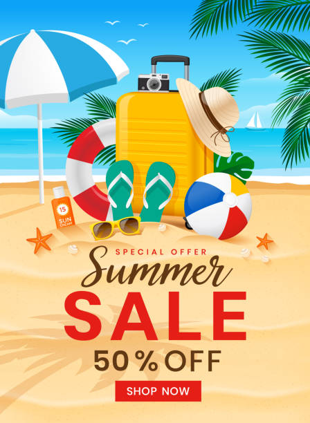 Summer Sale with summer beach elements and travel suitcase. vector art illustration