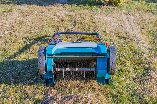 Close up view of lawn treatment with electric aerator with special blade to prepare for summer season. Sweden.
