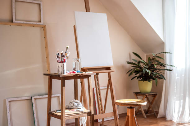 Painting art studio at loft apartment stock photo