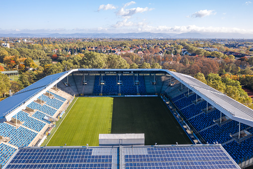 Mannheim, Germany - October 2022: Aerial autumn view over Carl-Benz-Stadion (Carl Benz stadium), home stadium for football club SV Waldhof Mannheim