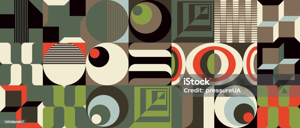 Modernism Aesthetics Inspired Vector Graphic Pattern Made With Abstract Geometric Shapes Abstract pattern graphics design inspired by modernism aesthetics arts made with bold geometric shapes and abstract figures for poster, cover, art, presentation, prints, fabric, wallpaper and etc. Brutalism stock vector