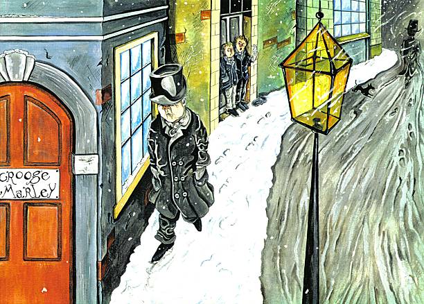 Scrooge mean Mr Scrooge walking past the carol singers and not giving them a penny. Bah Humbug! charles dickens stock illustrations
