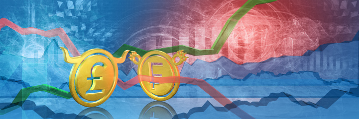 bullish gbp stopped by bearish chf. foreign exchange market 3d illustration of british pound to swiss frank. currency represented as golden coins