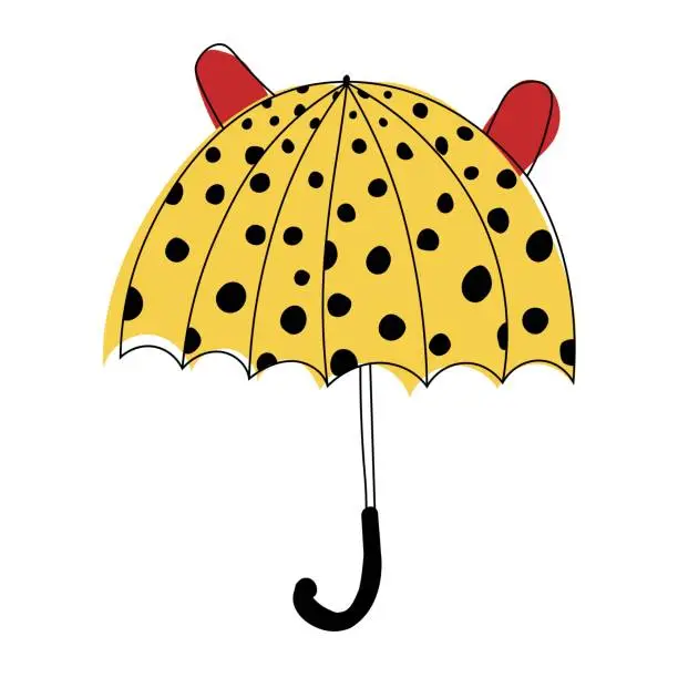 Vector illustration of children's funny umbrella with ears, cute modern yellow-red umbrella isolated on white background, contour of colored umbrella for children's design