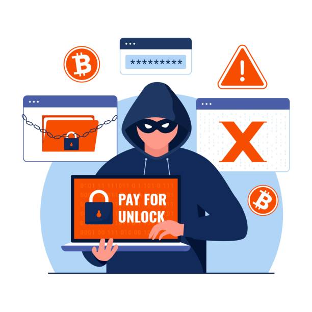 Ransomware with hacker attack illustration concept Ransomware with hacker attack illustration concept. Illustration for websites, landing pages, mobile applications, posters and banners. Trendy flat vector illustration ransomware stock illustrations