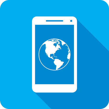 Vector illustration of a smartphone with Earth icon against a blue background in flat style.