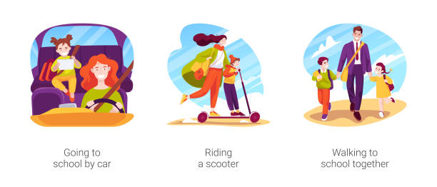 Family daily routine isolated cartoon vector illustration set Family daily routine isolated cartoon vector illustration set. Going to school by car, riding a scooter, walking to school together, child on carseat, children with backpacks vector cartoon. lifestyle backgrounds audio stock illustrations