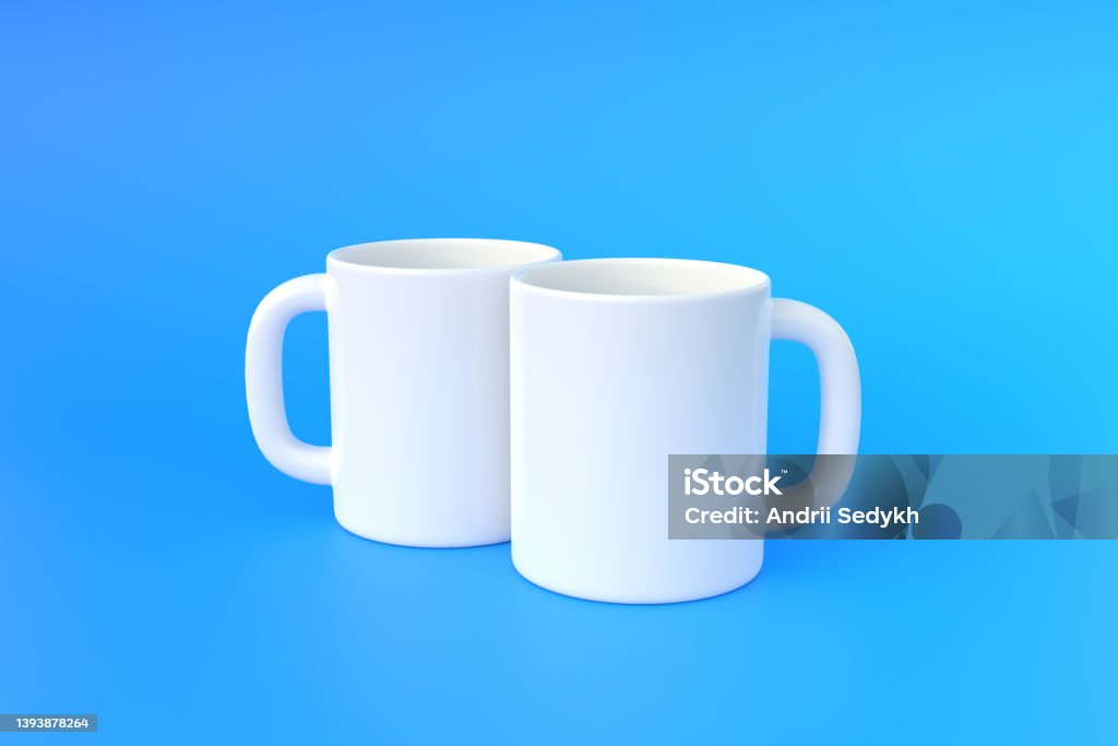 Two white ceramic cup or empty mug for coffee, drink or tea on blue background Two white ceramic cup or empty mug for coffee, drink or tea on blue background. Minimal concept. 3D Rendering 3D Illustration Coffee Cup Stock Photo
