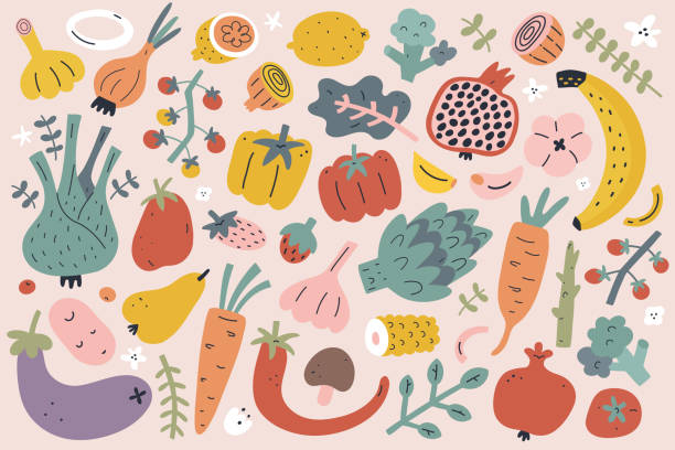 야채 식품 컬렉션, 다양한 과일, 아스파라거스, 브로콜리, 채소. 요리 재료. 손으로 그린 양식화된 벡터 일러스트레이션 - antioxidant stock illustrations