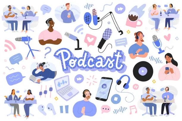 Vector illustration of Podcast illustrations bundle, podcasters and listeners, host and guest recording interview, speaker, mic and headset objects, internet broadcasting, stylized people, vector illustrations, flat icons