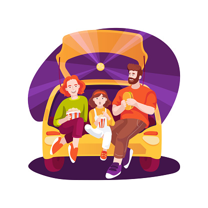 Drive-in cinema isolated cartoon vector illustration. Family outing, watching screen from a trunk of a car, eating popcorn, outdoor cinema, leisure time, drive-in movie night vector cartoon.