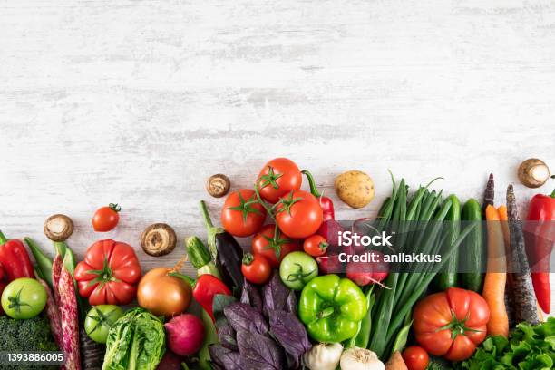 Fresh Vegetables On White Wooden Table Stock Photo - Download Image Now - Vegetable, Border - Frame, Wood - Material