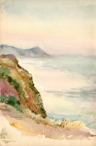 Watercolor painting vintage marina landscape. Cliff rock above the quiet calm sea after sunset