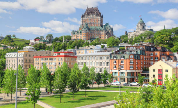 Old Quebec City Buildings and Park Historic Old Quebec City District buzbuzzer quebec city stock pictures, royalty-free photos & images