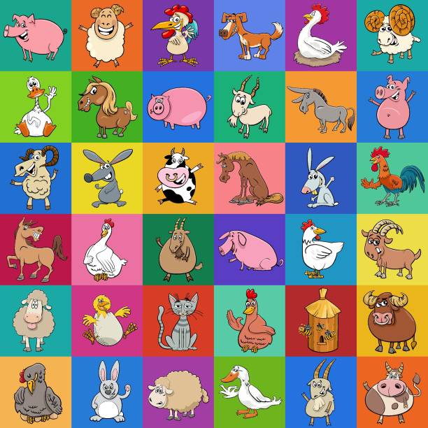 ilustrações de stock, clip art, desenhos animados e ícones de background or pattern design with cartoon dog farm animals - packing duck