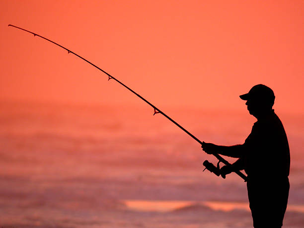 A silhouette of a man fishing during a beautiful sunset A man fishing in the surf during sunset. woodcreeper stock pictures, royalty-free photos & images