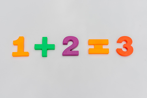Math one plus two is equal to three of the colored numbers on white background