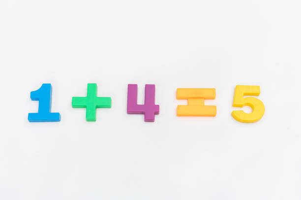 Math one plus four is equal to five of the colored numbers on white background