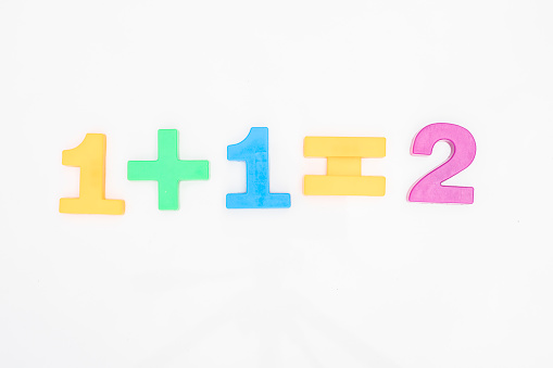 Math one plus one is equal to two of the colored numbers on white background