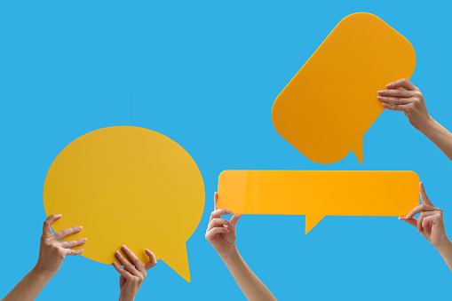 3D rendering of speech bubble. Talking rectangular cloud. White speech bubble high quality. Blue background.