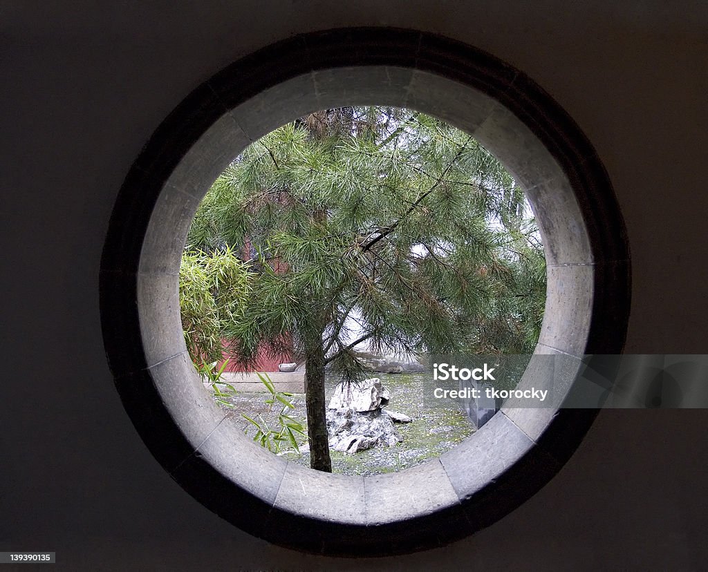 Asian round window into garden A round  window looks into a garden in Shanghai Abstract Stock Photo