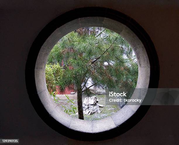 Asian Round Window Into Garden Stock Photo - Download Image Now - Abstract, Arch - Architectural Feature, Asia