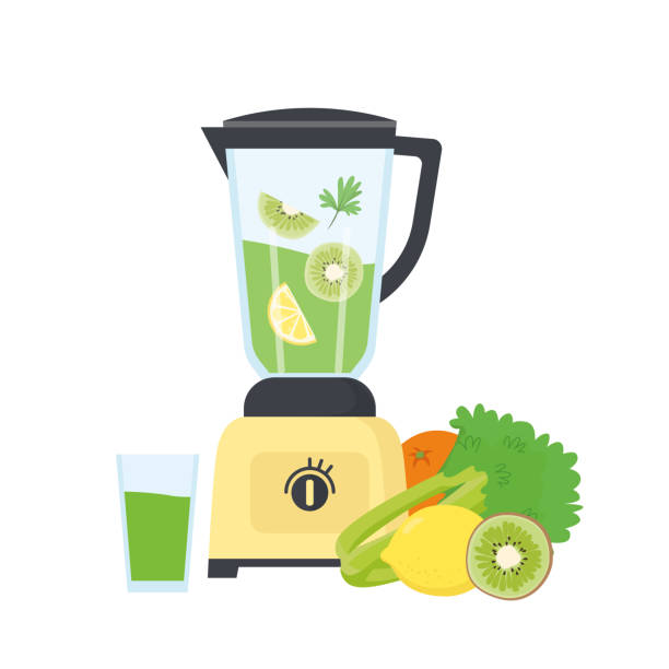 electric blender with a glass of smoothie and different fruits. vector illustration in cartoon style - 榨汁機 幅插畫檔、美工圖案、卡通及圖標