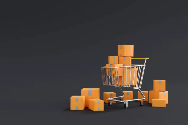 Photo of Shopping cart trolley with paper boxes parcel surrounded for shopping and supermarket concept. 3d rendering.