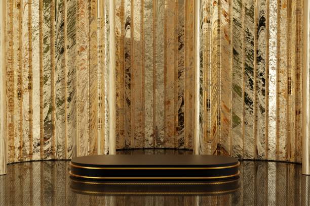 istock Black cylinder podium display with gold background, forms minimal scene, stage for product, 3d rendering 1393902003