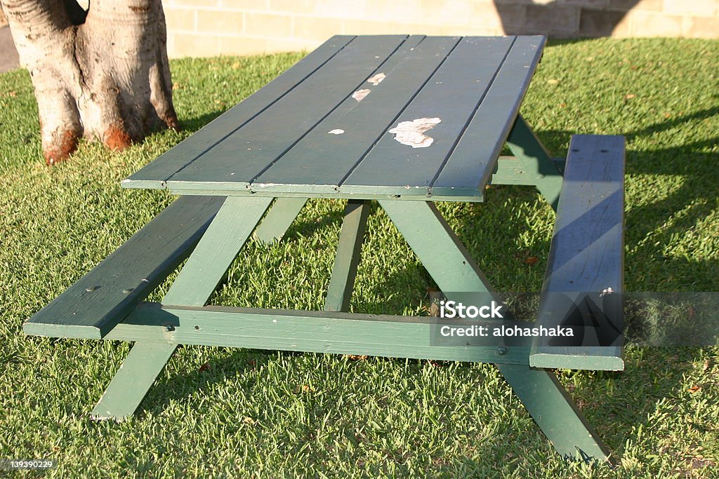 Green table de pique-nique sur l'herbe près d'un arbre - Photo de Arbre libre de droits