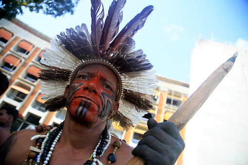 salvador, bahia, brazil - april 26, 2022: Indians from different tribes of Bahia during protests in the city of Salvador. The group seeks improvements to their villages